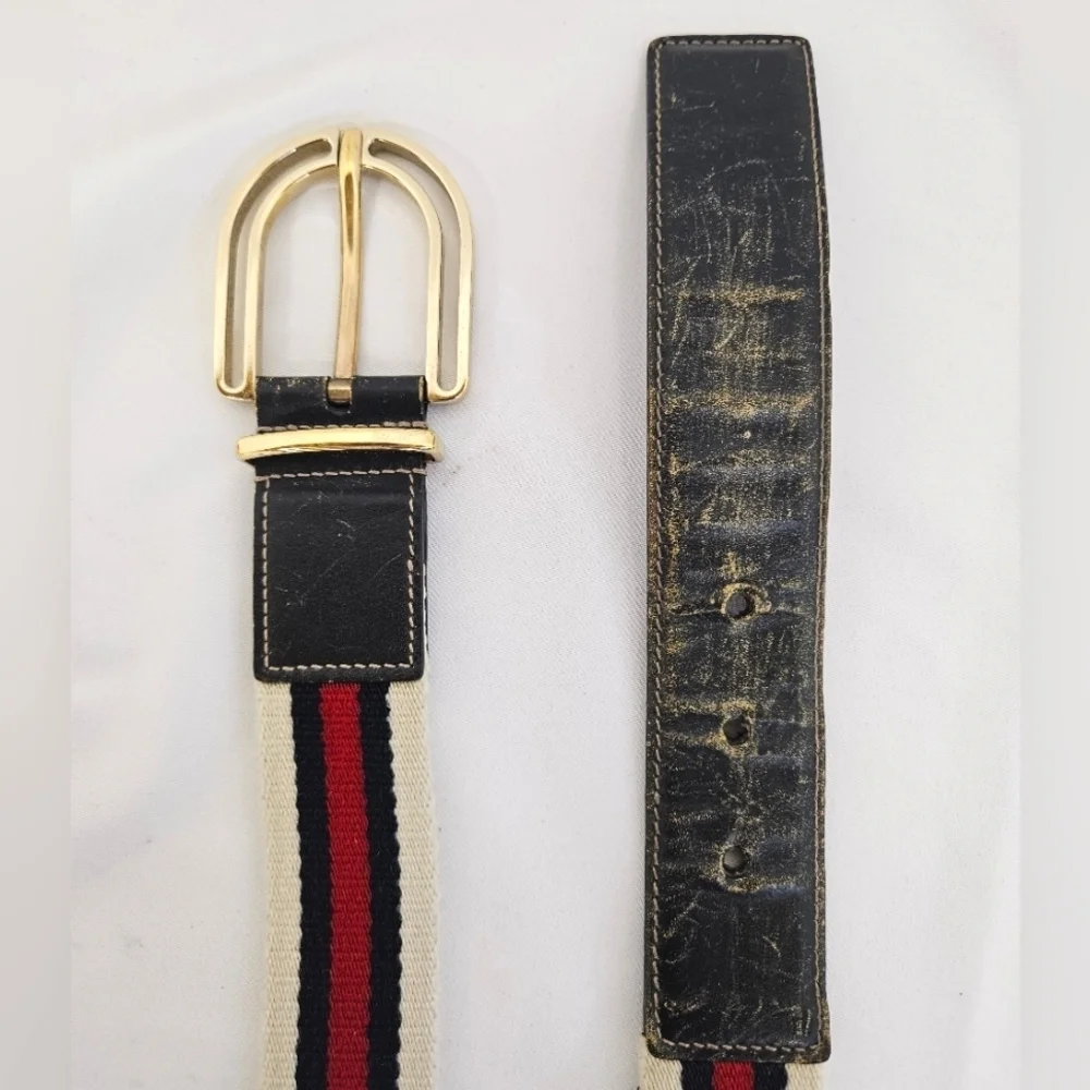 Gucci Nylon And Leather Belt In Cream Navy And Red Size 32 / 80